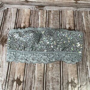 PINK VICTORIA'S SECRET Lace Bandeau Bralette Gray Sequins Lined Women's M EUC